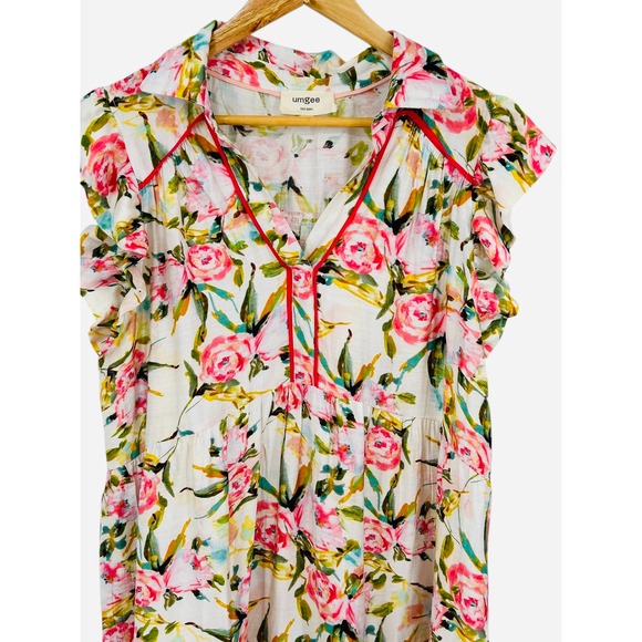 UMGEE Floral Maxi Dress Tiered Ruffle Cap Sleeve Collared V Neck XL - Picture 3 of 9